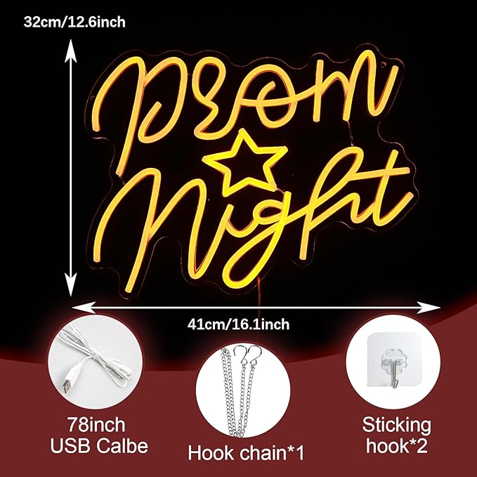 Prom Night Neon Sign for Wall Decor Yellow LED Words Neon Light by USB Powered Dimmable Prom Night Light Up Sign for Prom Birthday Wedding Christam Party Bar Decor(16.1 * 12.6In)