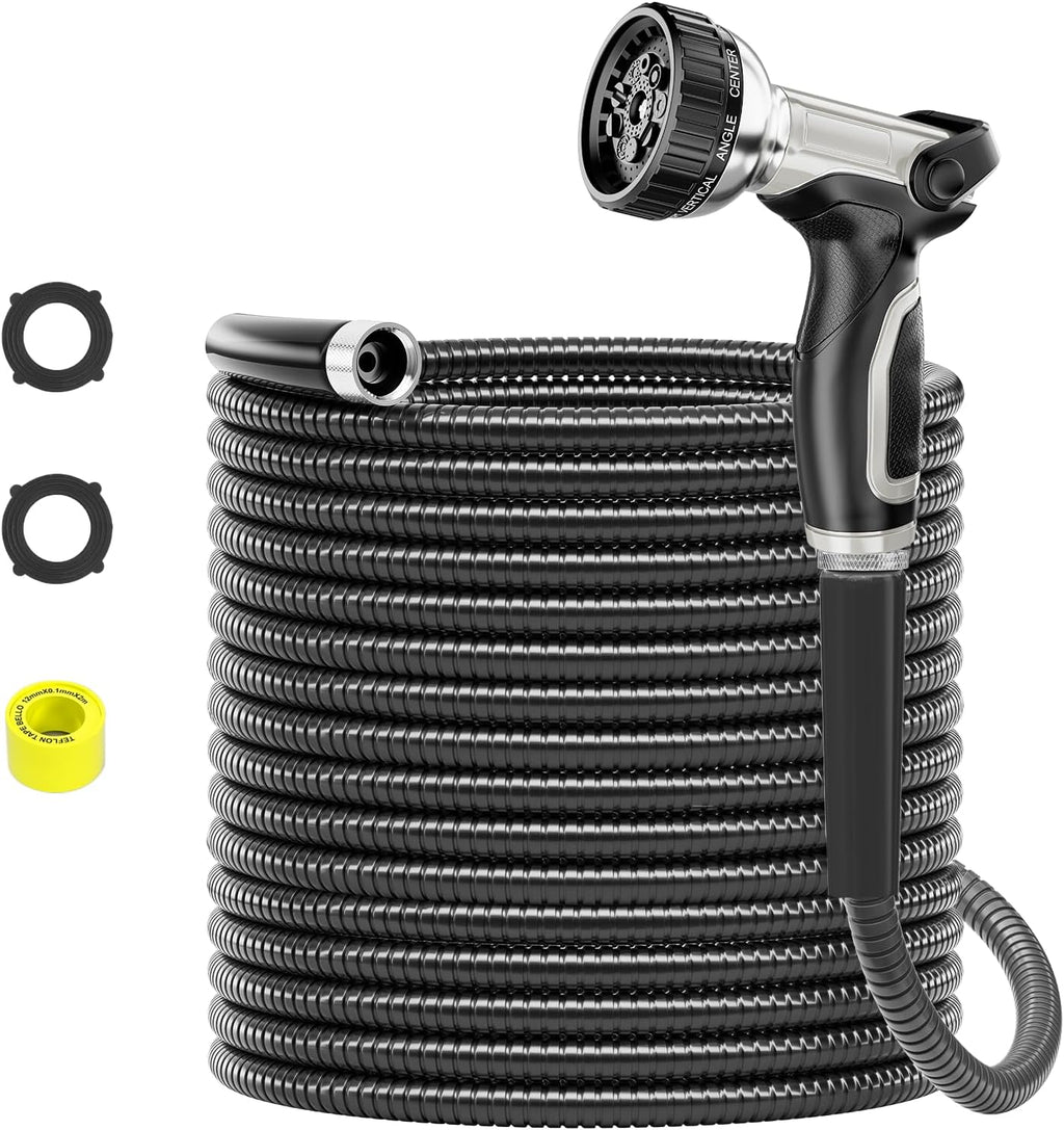 SPECILITE 50ft 304 Stainless Steel Garden Hose Metal, Heavy Duty Water Pipe with Nozzles for Yard, Outdoor - Flexible, Never Kink & Tangle, Puncture Resistant (Black)