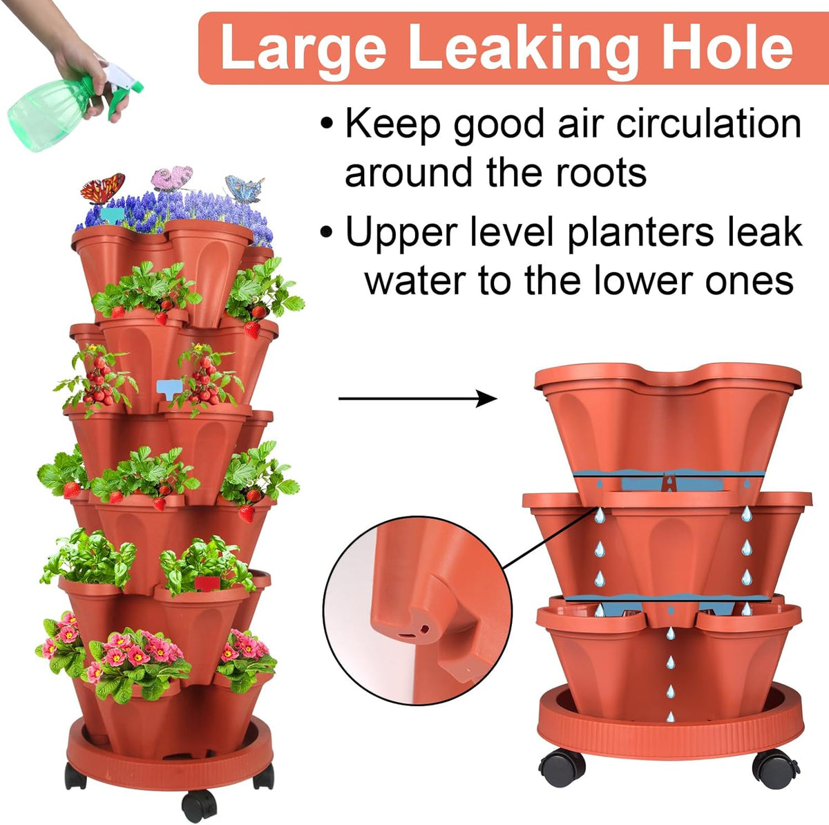 Vertical Planter, 6 Tier Stackable Strawberry Planter with Garden Tool Set, Movable Indoor/Outdoor Garden Herb Pot for Growing Vegetables and Succulents, Red