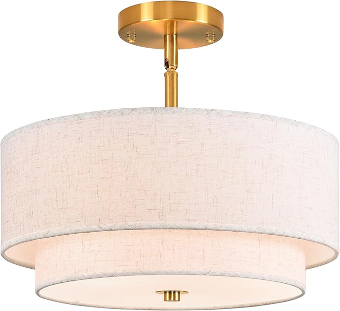 16" Semi Flush Mount Ceiling Light, Gold 3 Light Double Drum Fabric Lampshade Lighting Fixture for Living Room, Bedroom, Dining Room, Kitchen, Hallway (Swivel Canopy for Sloped/Flat Ceiling)