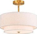 16" Semi Flush Mount Ceiling Light, Gold 3 Light Double Drum Fabric Lampshade Lighting Fixture for Living Room, Bedroom, Dining Room, Kitchen, Hallway (Swivel Canopy for Sloped/Flat Ceiling)