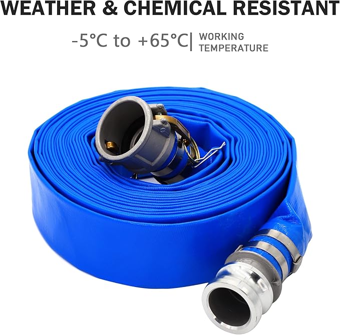 DAVCO 2" ID × 100 ft PVC Lay Flat Discharge Hose, Heavy Duty Reinforced Blue Pool Backwash Hoses For Swimming Drain Pools, with Aluminum Camlock C and E Fittings, Cam Lock Fitting Type F included