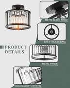 Black Flush Mount Ceiling Light, 2- Light Caged Crystal Chandelier, Small Drum Hallway Light fixtures Ceiling Mount (8.6 INCH Black)