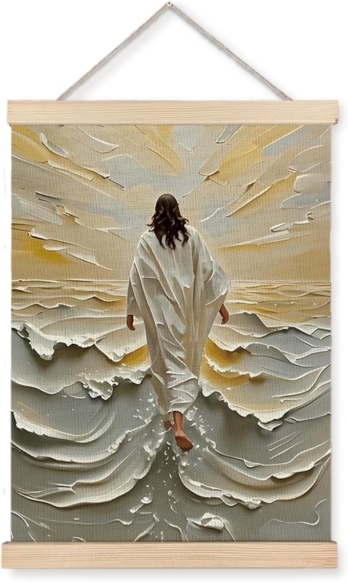 YTRG Jesus Wall Art, Bible Verse Wall Decor, Jesus Walking on Water Canvas Prints Framed Decor for Home Living Room Bedroom, 12x16 In