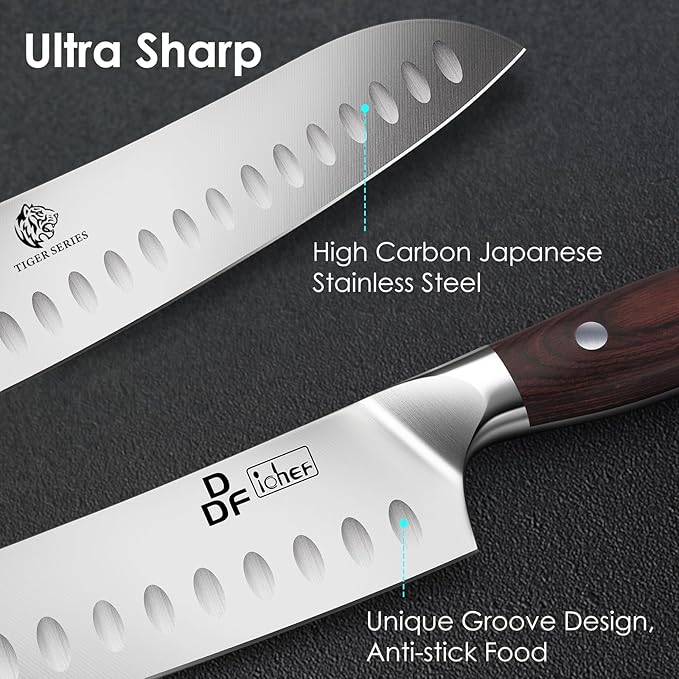 DDF iohEF Kitchen Knife 7 inch Chef Knife Professinal Santoku Knife, Japanese Stainess Steel Ultra Sharp Cooking Knife with Ergonomic Handle for Chopping Vegetable and Cooking