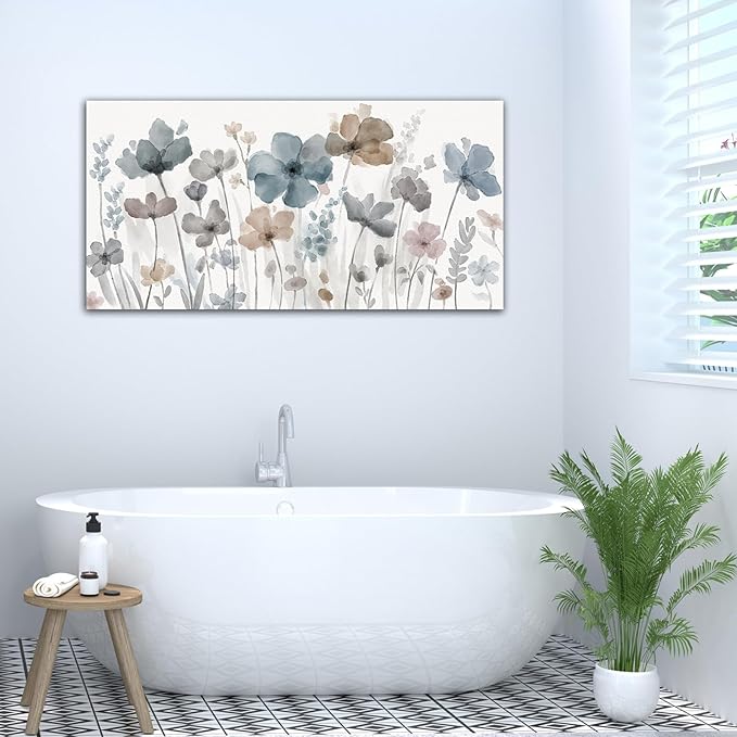 Elegant Flowers Canvas Wall Art - Floral Pictures for Wall Decor Indigo Brown Grey Canvas Painting Nature Printing Artwork for Living Room Bedroom Home Office Wall Decoration 24" x 48"