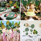 RECUTMS Artificial Tropical Palm Leaves 72Pcs 7 Kinds Green Gold Fake Monstera Leaf with Stem for Safari Jungle Hawaiian Luau Beach Baby Shower Wedding Birthday Party Table Summer Spring Decoration