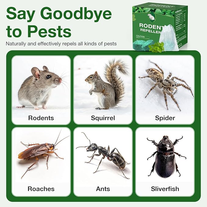 Mouse Rodent Repellent, 12 Pack Peppermint Oil Mouse Traps for Rat Mice, Ant, Roach, Spider, Squirrel, Nature Mouse Deterrent for Indoor Outdoor Use, for Garden & Home, Family & Pet Safe