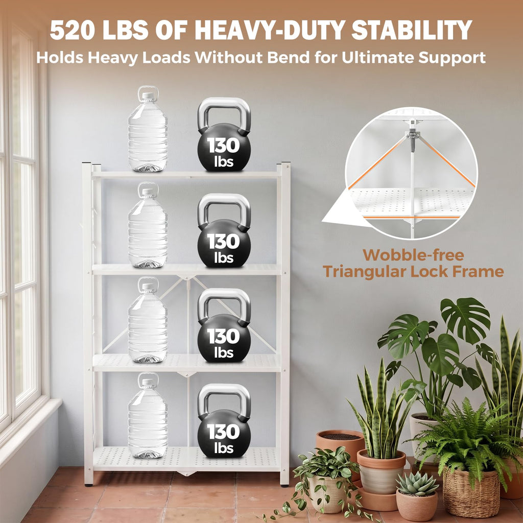 EAGLE PEAK 4-Tier Foldable Greenhouse Shelf, Heavy Duty Metal Storage Rack, No Assembly Steel Shelving Unit, Plant Stand for Greenhouse and Multi-Use Storage, 28”x14.6”x44.7”, 520 lbs, 1 Pack, White