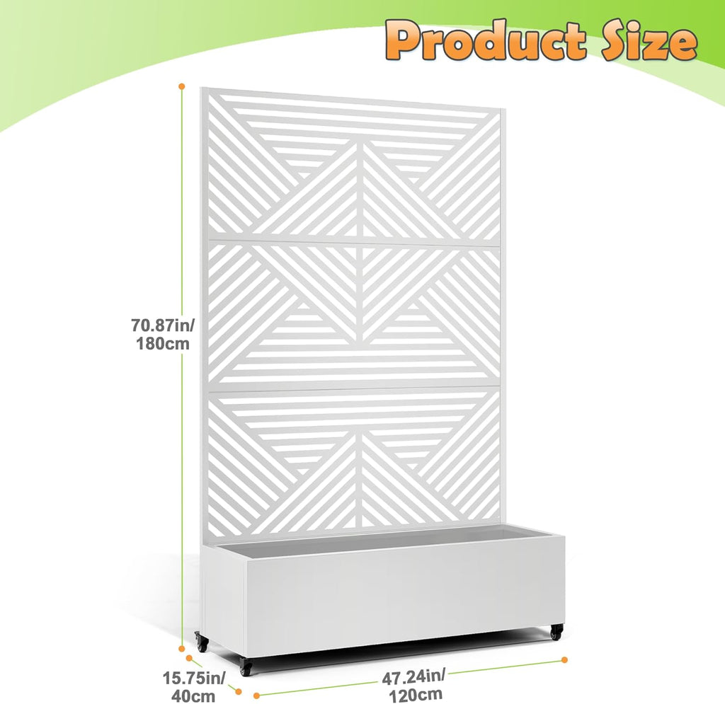 Metal Raised Garden Bed with Trellis, 2-in-1 Planter Box & Privacy Screen for Climbing Plants, Outdoor Standing Flower Bed with Drainage Holes, 47.2" L x 16.7" W x 70.8" H, White-Zodiac