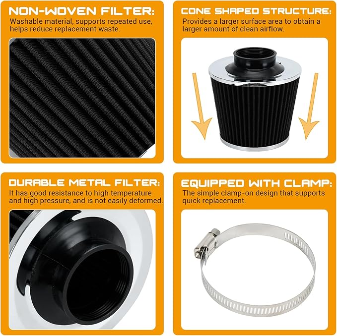 PTNHZ Universal Balck 2.5" 63mm High Flow Cold Air Intake Cone Air Filter Power Intake Air Inlet System Air Cleaner
