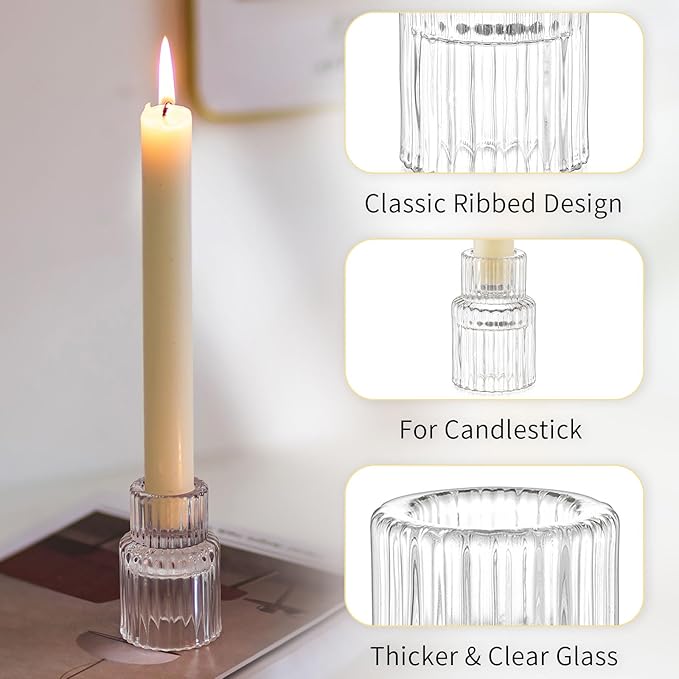 Romadedi Glass Candle Holder for Candlestick - 10Pcs Clear Small Tapered Candle Holder Wedding Decor Table Centerpiece Bulk for Candle Sticks Christmas Party Living Room Dinner Advent