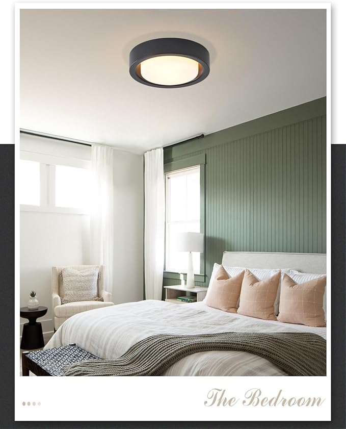 13 Inch Flush Mount Ceiling Light,Black Finish Plate with Frosted Glass Shade,Round Ceiling Lighting Fixture for Hallway Bedroom Closet Livingroom Kitchen Stairwell (Black)