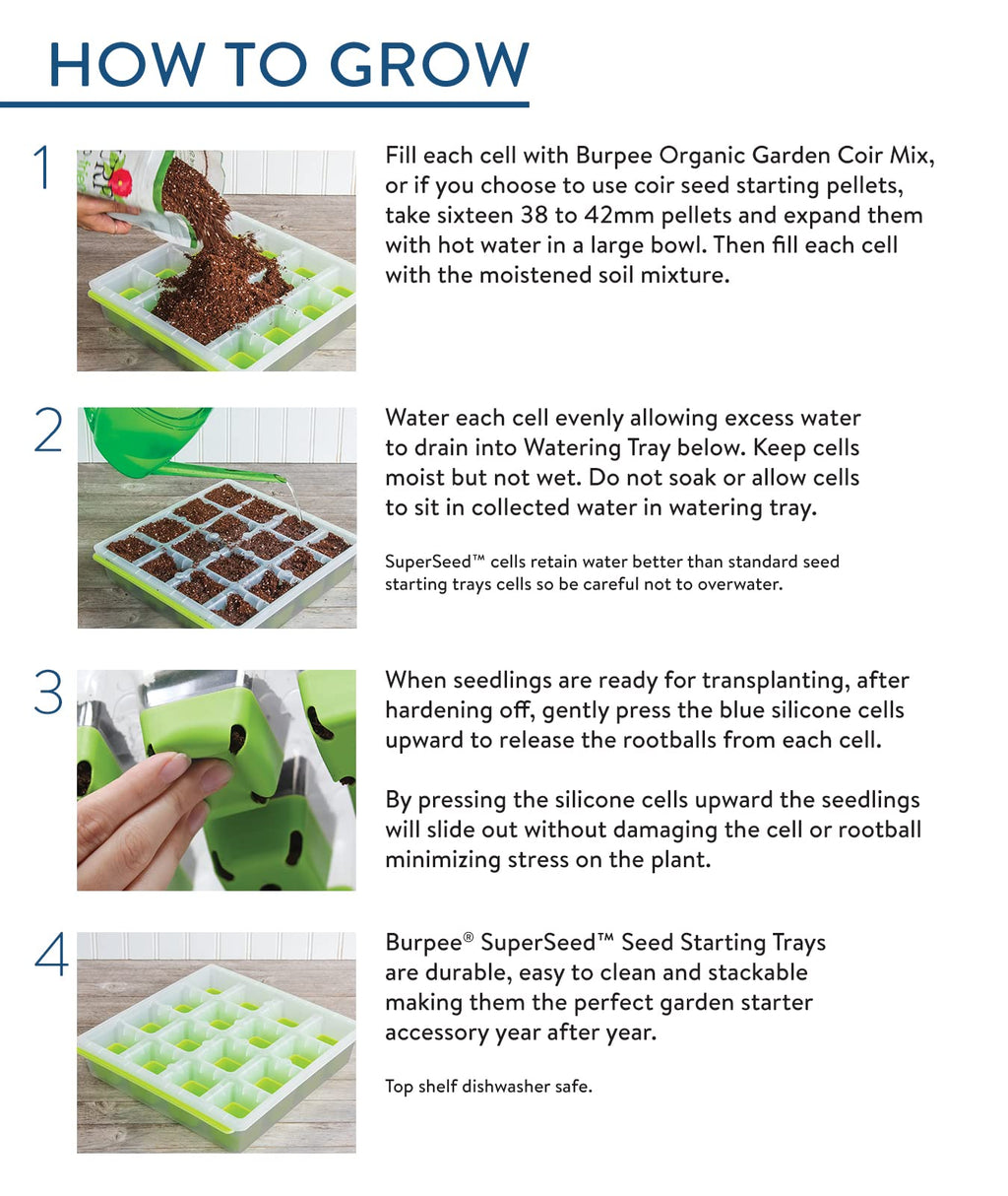 Burpee SuperSeed Starting Tray | 16 XL Cell | Reusable & Dishwasher Safe | for Vegetable, Flower & Herb Seeds | Indoor Grow Kit for Deep-Rooted Seedlings, Green