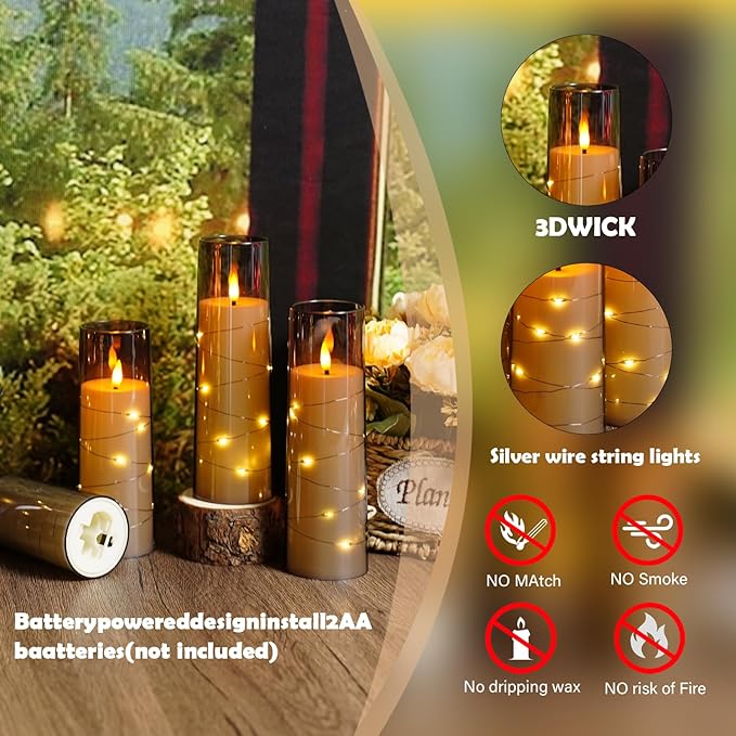 Flameless Candles with Embedded Star String - Battery Operated LED Candles, with Remote,12 Grey Flickering Candles for Christmas, Weddings, Home Decor & Party,(D 2.3"×H 5" 6" 7")