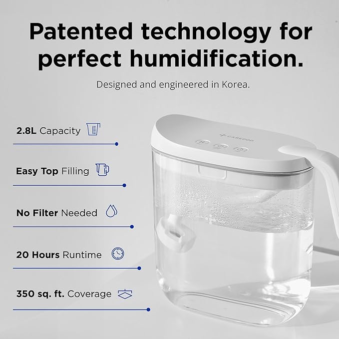 Carepod Mini 21P Ultrasonic Cool Mist Humidifier for Bedroom, Quiet & Safe for Baby, Transparent, Only 3 Washable Parts & Easy to Clean, Filter-Free, Automatic Shut-off, Lasts 20Hrs (0.74Gal/2.8L)
