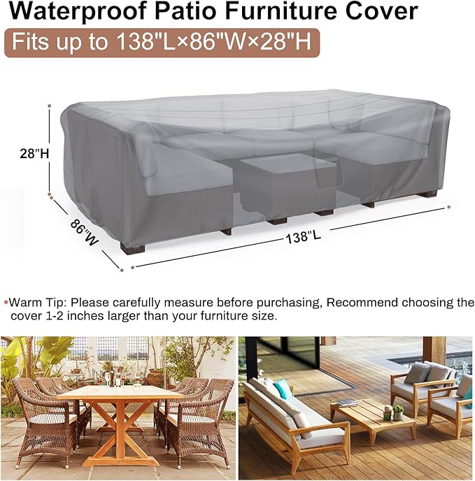 Mrrihand Heavy Duty Patio Furniture Covers, Outdoor Furniture Covers Waterproof Sectional Sofa Set , Patio Table and Chair Set Cover 138"L×86"W×28"H,Grey