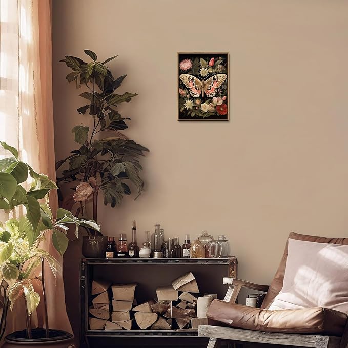 Djmwtb Vintage Framed Wall Art Butterfly Canvas Wall Art Prints Floral Botanical Pictures Flower Painting Wall Decor Artwork for Living Room Bedroom Bathroom Office 16x24in