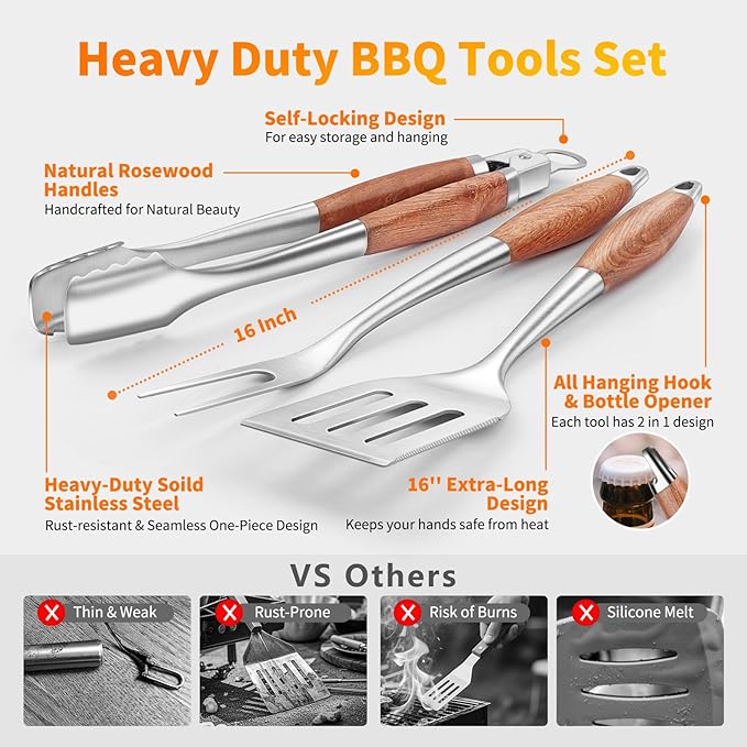 16 Inch Grilling Accessories Set, Heavy Duty Stainless Steel BBQ Accessories Tools and Grill Accessories for Outdoor Grill with Spatula, Fork, & Tongs - Grilling Gifts for Men Women Father