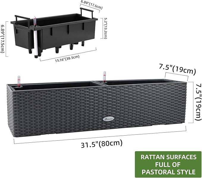 Dexceder 31.5 Inch Rattan Self Watering Planter Indoor Outdoor, Thickened Large Rail Flower Plant Pot Window Box with Water Level Indicators (Deep Gray)