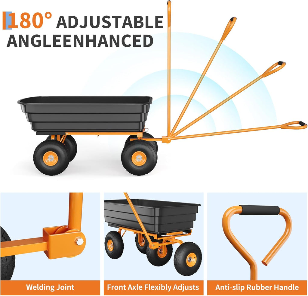 4 Cu.Ft. 600Lbs Garden Cart Dump Wagon, Heavy-Duty 4 Wheel Wheelbarrow Yard Cart with 10-Inch All-Terrain Wheels, Features A Quick-Release Tipping Function, for Courtyards, Farm and Gardening
