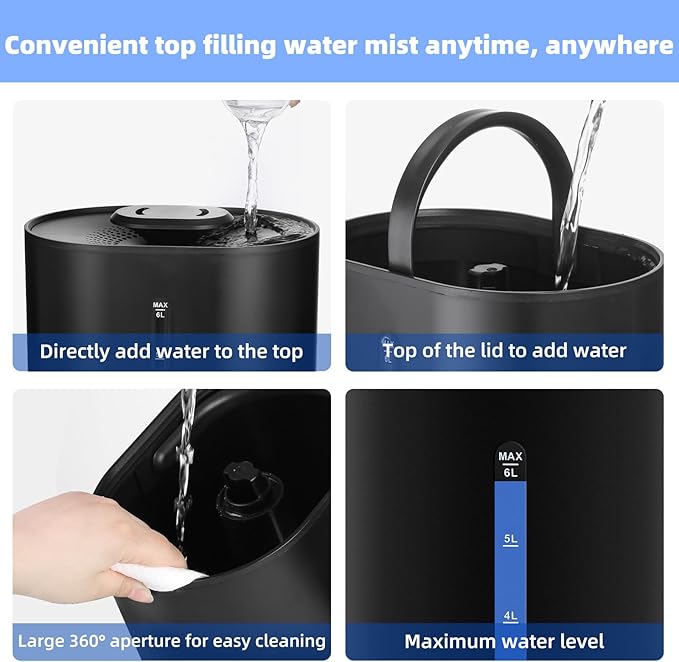 6L Humidifiers for Bedroom Large Room Home, Cool and Warm Humidifier for Plants Mist Top Fill Desk Humidifier Essential Oil Diffuser, Quiet Humidifiers with Adjustable Mist,360°Nozzle-Black