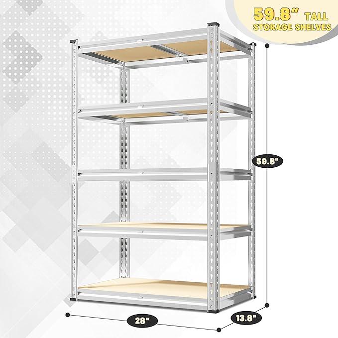 REIBII 2000LBS Storage Shelves 5 Tier Garage Shelving Heavy Duty Metal Shelving Adjustable Garage Shelves for Kitchen Pantry Basement 28" W x 13.8" D x 59.8" H, Silver