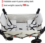 Foldable Wagon with Canopy - Collapsible Utility Cart with 2 Seats & Belts, Adjustable Handle, Expandable Front for Camping, Picnic, Shopping (Beige)