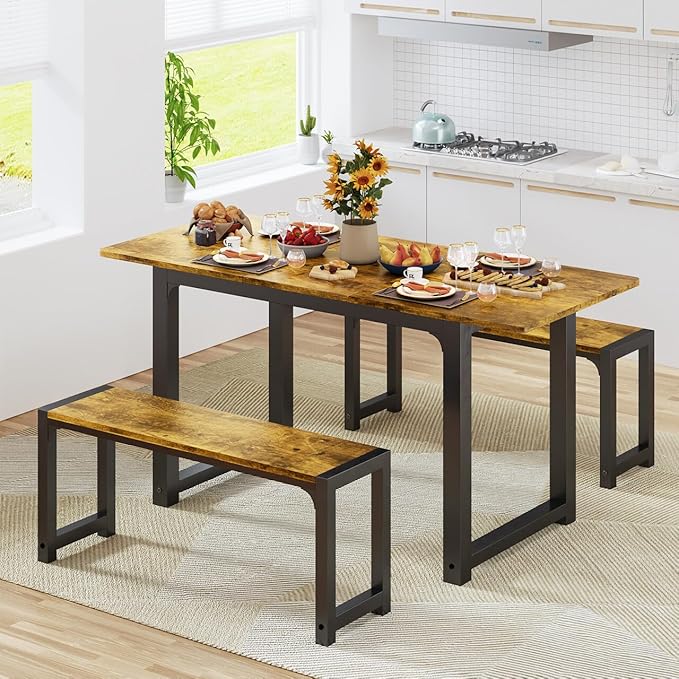 Gizoon 63” Kitchen Table Sets for 4 with 2 Benches Extendable Dining Table Set for 4 with Chairs Dining Room Table and Chairs for Kitchen Apartment Outdoor and Home Office, Rustic Brown