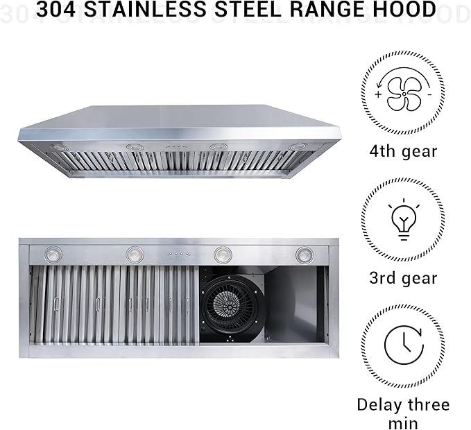 CHETTO C Stainless Steel Range Hood Cover with Quiet Vent Hood Insert Custom Handcrafted Metal Kitchen Fan with Towel Rack LED Light 42"W x27"D x51"H Brushed Stainless Steel Island Mount