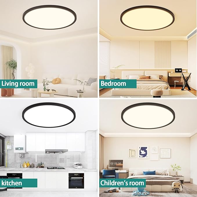 20 Inch Dimmable LED Ceiling Light Fixture, Ultra Thin Flush Mount, 40W 4000Lumen, 3 Color Changeable, Round, Black, for Dining Room, Kitchen, Bedroom, Office, Hotel