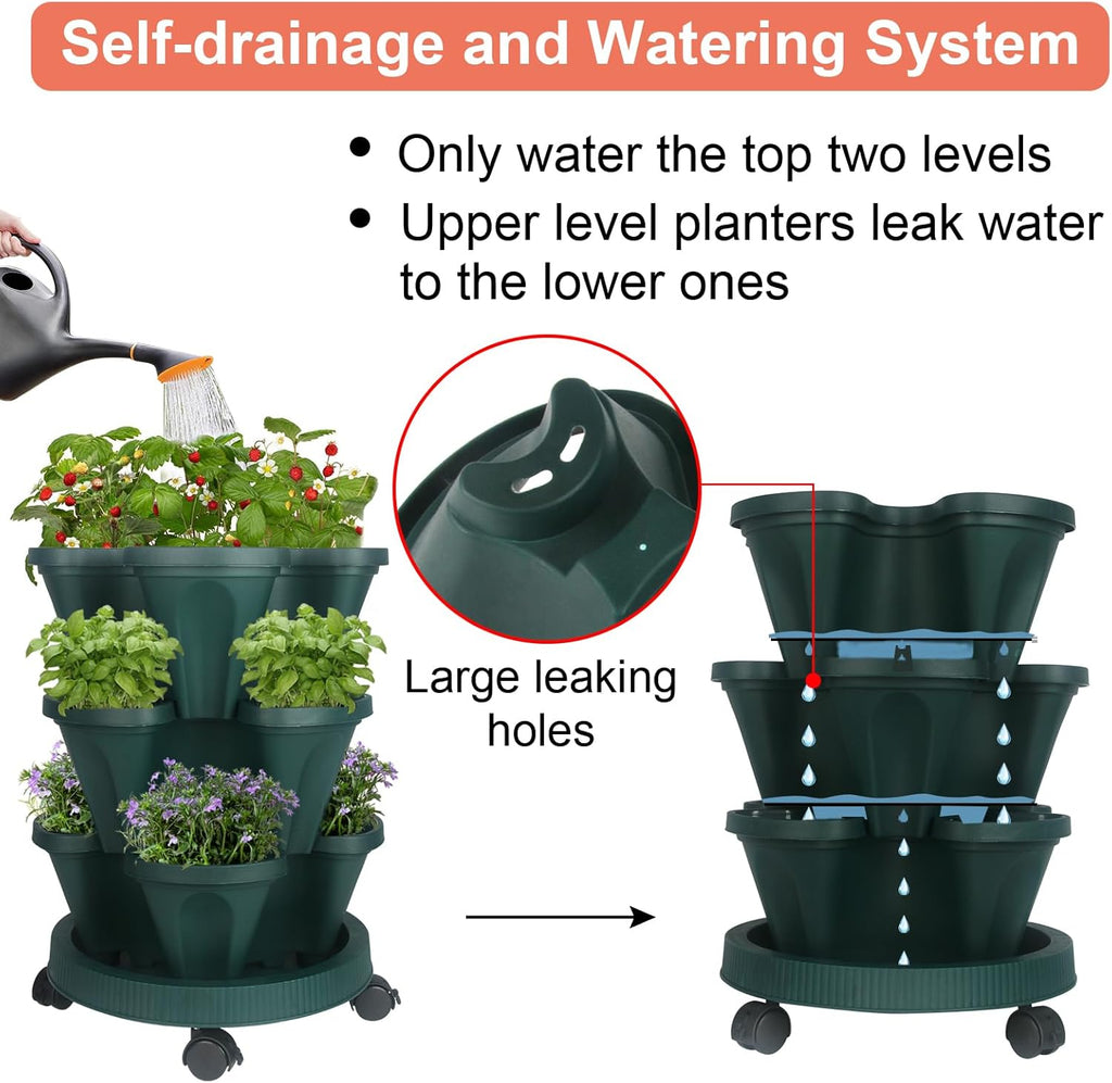 Vertical Planter 3 Tier Stackable Planters Garden Planters Strawberry Herb Flower and Vegetable Planter Indoor Outdoor Gardening Pots with Removable Wheels and Tools