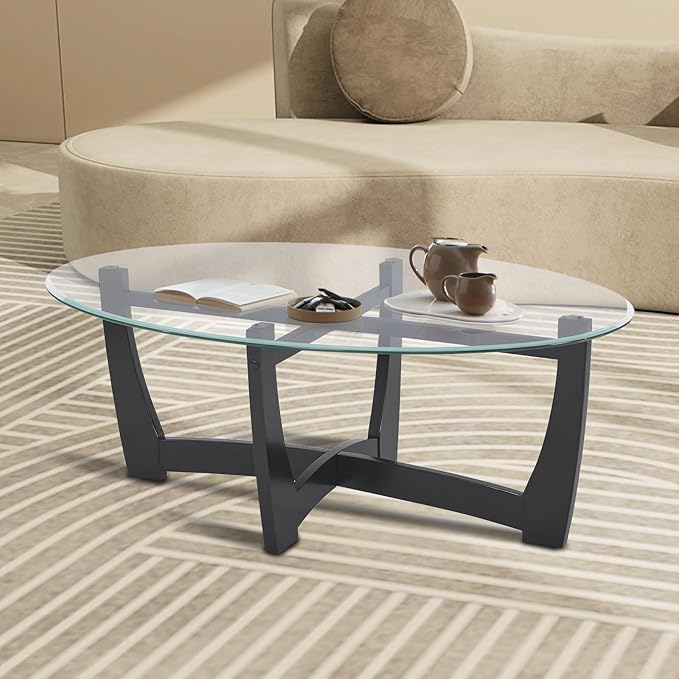 48" Oval Glass Coffee Table with Tempered Glass Top Cross and Solid Wood Base Simple & Modern Center Table for Living Room Office Apartment Black