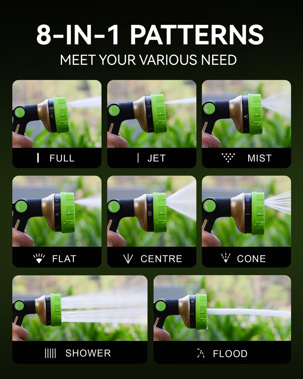 RAINPOINT Hose Sprayer Nozzle Heavy Duty - 8 Spray Patterns Garden Hose Nozzle with Adjustable Flow Control for Watering Plants, Washing Cars,Washing Pets, Thumb Control (Green)
