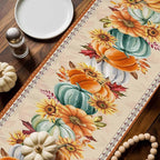 Fall Thanksgiving Southwest Cotton Linen Table Runner for Dining Kitchen, Orange Pumpkins Wedding Outdoor Party Rustic Tablerunners Decoration, Sunflower Dresser Scarf Tablecloth Runners 13x48 Inches