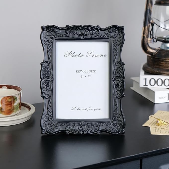 Cuspin 5x7 Black Picture Frame, Vintage Ornate Decorative Hand-Carved Resin Photo Frame with Detailed Design for Tabletop Display or Wall Hanging, Black Home Decor
