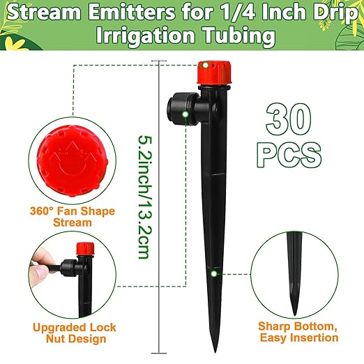 Push-to-Fit Drip Irrigation Emitters for 1/4" Drip Irrigation Tubing, 30 Pieces Adjustable 360 Degree Water Flow Drippers Sprayer on Stake 360° Full Circle Multi-Stream Irrigation Drippers