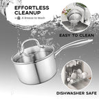 Leetaltree 1.5 Quart Stainless Steel Saucepan with Glass Strainer Lid, Thicken Tri-ply Ful Body, Multipurpose Sauce Pot with Two-Size Drainage Holes Lid, Perfect For Boiling Gravies, Pasta, Noodles