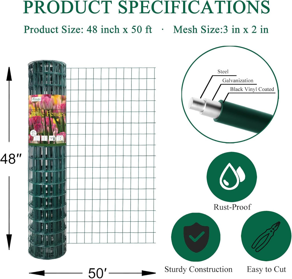 Green PVC Coated Welded Wire Fence 48 Inch x 50 Foot, 2 Inch x 3 Inch 16GA, Garden Border Fencing Roll Vinyl Coating Metal Wire Mesh for Yard Vegetable Plant Protection Poultry Netting