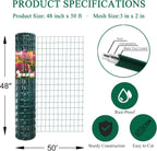 Green PVC Coated Welded Wire Fence 48 Inch x 50 Foot, 2 Inch x 3 Inch 16GA, Garden Border Fencing Roll Vinyl Coating Metal Wire Mesh for Yard Vegetable Plant Protection Poultry Netting