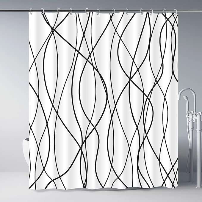 Punkray Black and White Striped Wavy Line Polyester Shower Curtain for Bathroom with Hooks, Weighted Hem, Waterproof Bath Accessories Hotel Style, 72 x 72