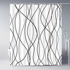 Punkray Black and White Striped Wavy Line Polyester Shower Curtain for Bathroom with Hooks, Weighted Hem, Waterproof Bath Accessories Hotel Style, 72 x 72