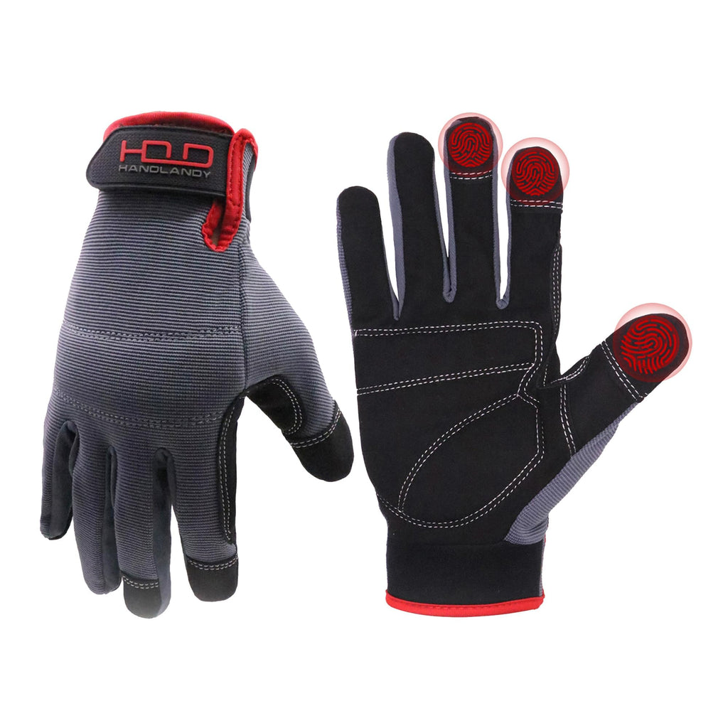 HANDLANDY Mens Work Gloves Touch screen, Synthetic Leather Utility Gloves, Flexible Breathable Fit- Padded Knuckles & Palm (Large)