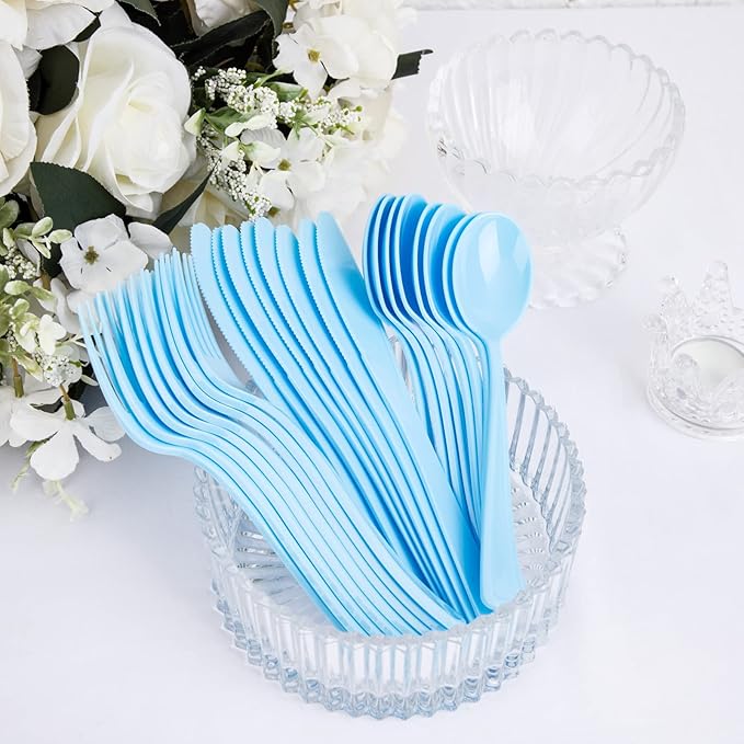 WDF 160 Piece Blue Plastic Silverware - Heavy Duty Blue Silverware Includes 80 Forks, 40 Spoons, 40 Knives, Disposable Plastic Utensils Perfect for Wedding, Graduation, Party