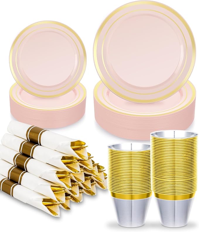 175PCS Pink Plastic Dinnerware Set, Disposable Party Plates for 25 Guests, Include: 50 Pink and Gold Plastic Plates, 25 Pre Rolled Napkins with Gold Silverware, 25 Cups for Wedding, Christmas