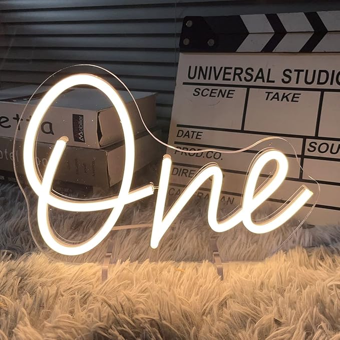 One Year Old Birthday Table Number Neon Sign Desk Lamp Night Light Wedding Letter LED Neon Sign Wedding Table Decorations Neon Light Bedroom Home Room Decor Christmas Party Warm White USB 28.8×19.6CM