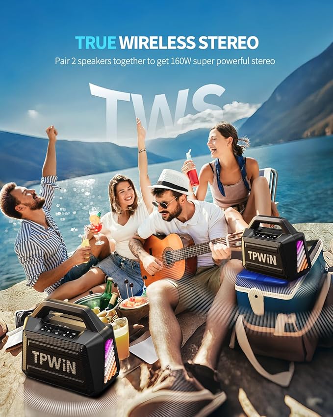 Bluetooth Speaker - 80W Loud Rugged Outdoor Speakers, IPX6 Waterproof, 20H Playtime, Deep Bass, Lightshow, TWS, BT 5.3 Wireless, Portable for Travel Hiking Camping Beach Pool - Black