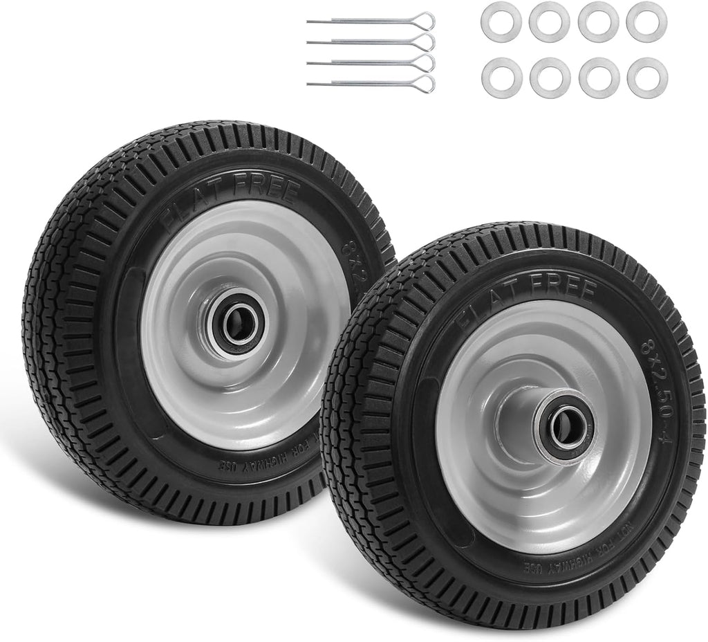 8-Inch Solid Tire Replacement - 2.50-4"Flat Free Tire and Wheel Heavy-Duty for Gorilla Carts, Yard Tractors, Wagons - Replacement Tires with 5/8" Bearings & 2.25" Offset Hub(2 Pack)
