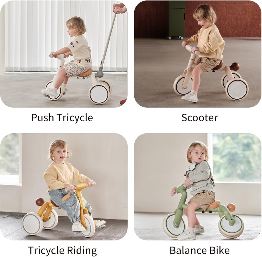 4-in-1 Toddler Tricycle with Adjustable Push Handle for 1-4 Year Old,Birthday Gift and Toy for Boys and Girls Removable Pedals Balance Bike&Scooter (Green)