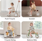4-in-1 Toddler Tricycle with Adjustable Push Handle for 1-4 Year Old,Birthday Gift and Toy for Boys and Girls Removable Pedals Balance Bike&Scooter (Green)